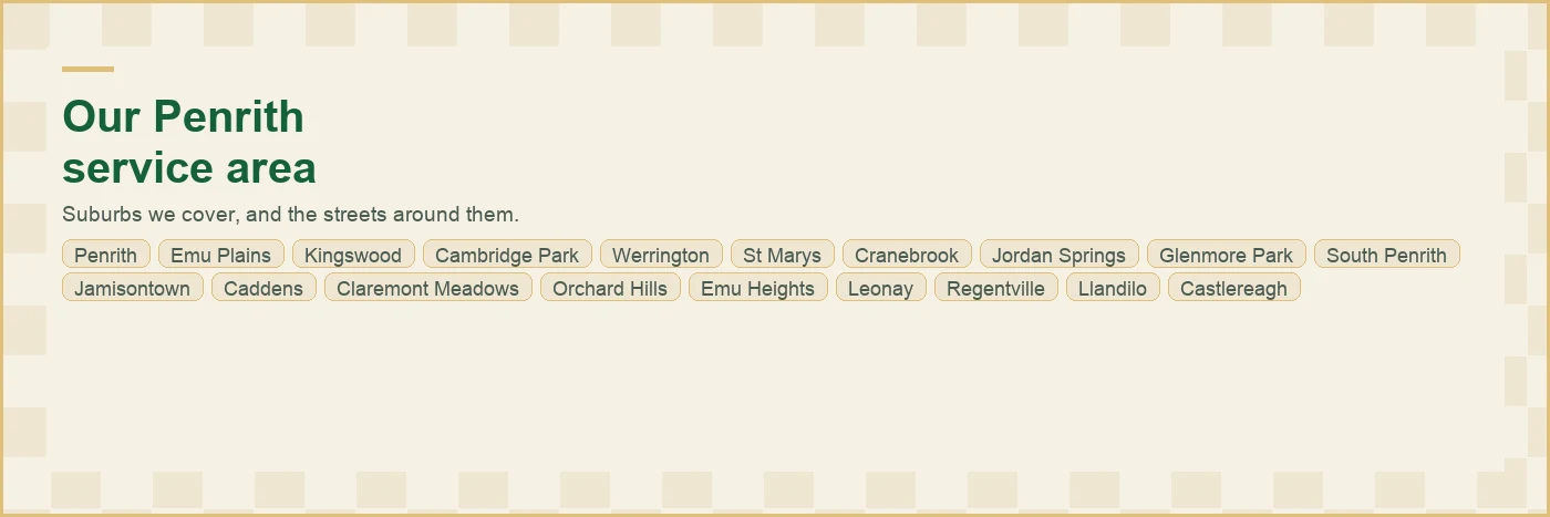 The Penrith plumbing service area, listing the suburbs we cover: Penrith, Emu Plains, Kingswood, Cambridge Park out to Werrington, St Marys, Cranebrook and more